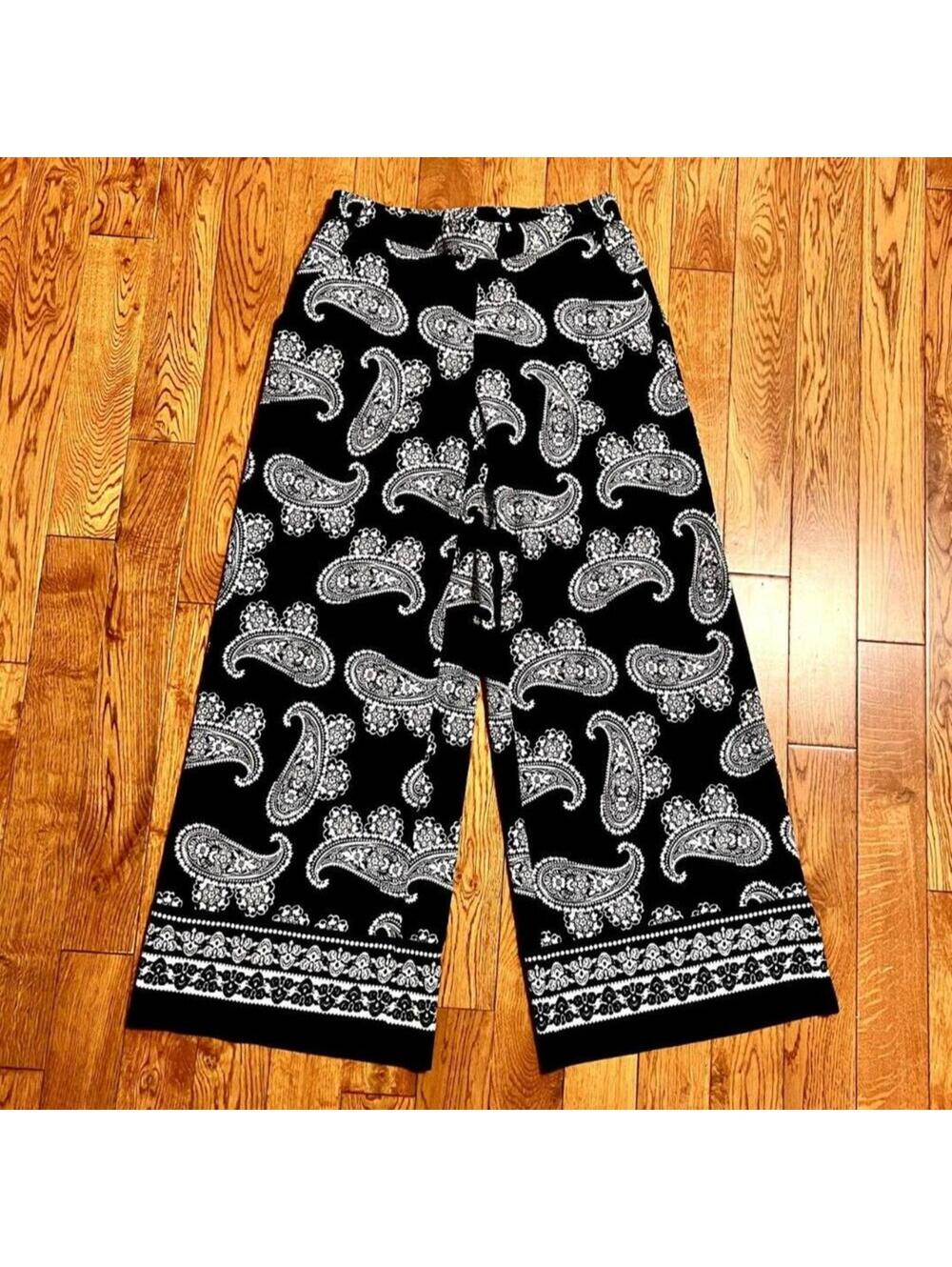 NY & Co Women’s Small Black White Paisley Wide Leg Palazzo Pants Stretch Waist